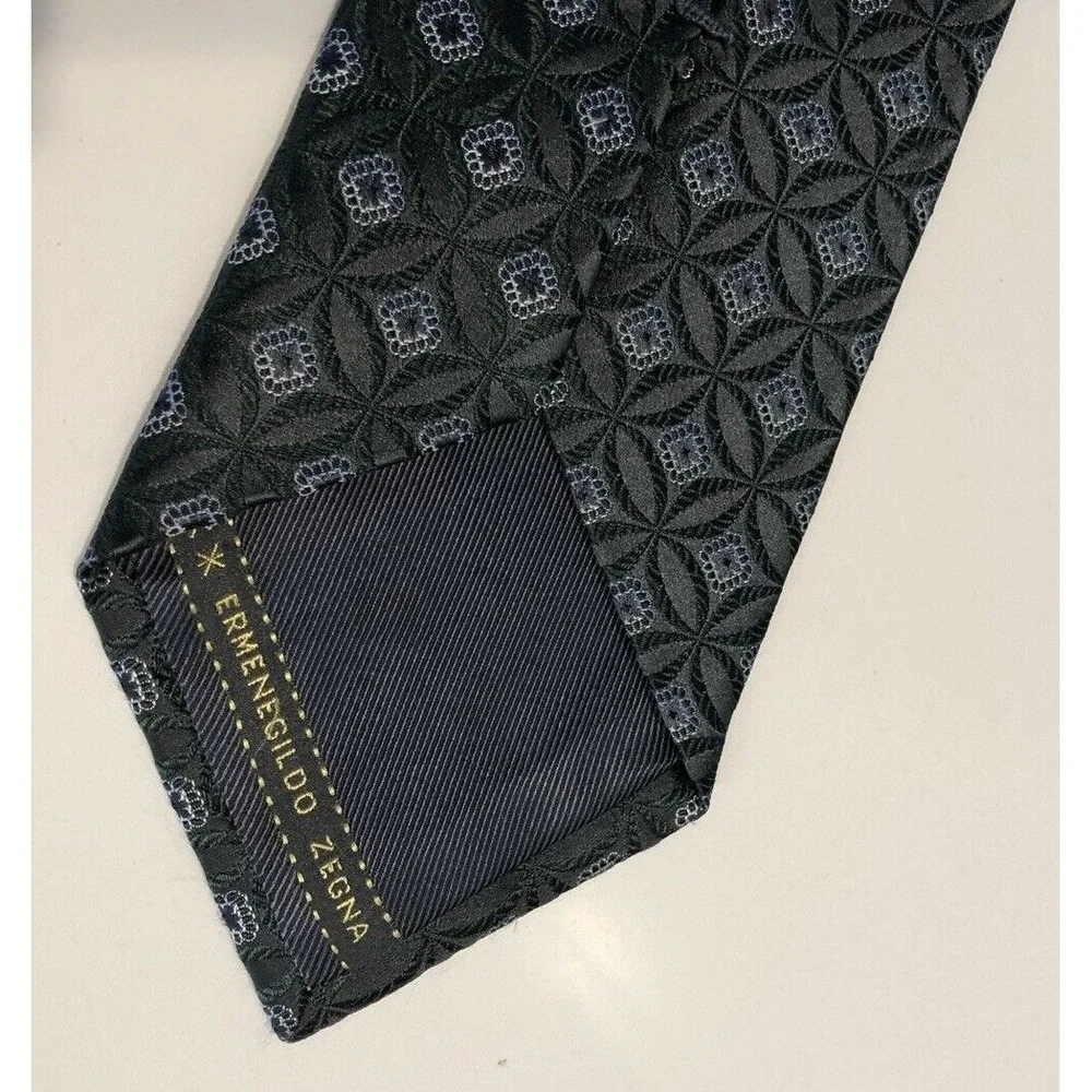 Ermenegildo Zegna Silk Tie Men's Gray Green Geometric Pattern Italy Classic
